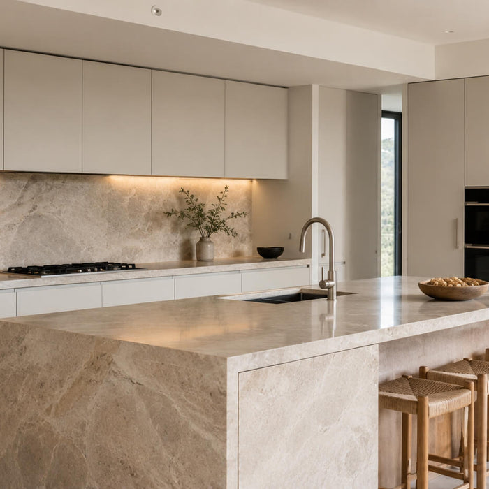 Minimalist kitchen with warm natural stone island, matching stone backsplash, light cabinetry, and wood stools in a clean, bright interior.