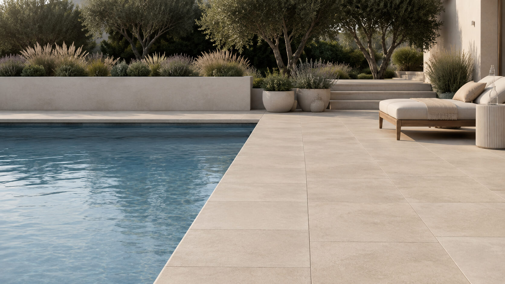 Minimalist pool edge design with light stone coping, large-format pavers, aligned joints, and modern landscaping