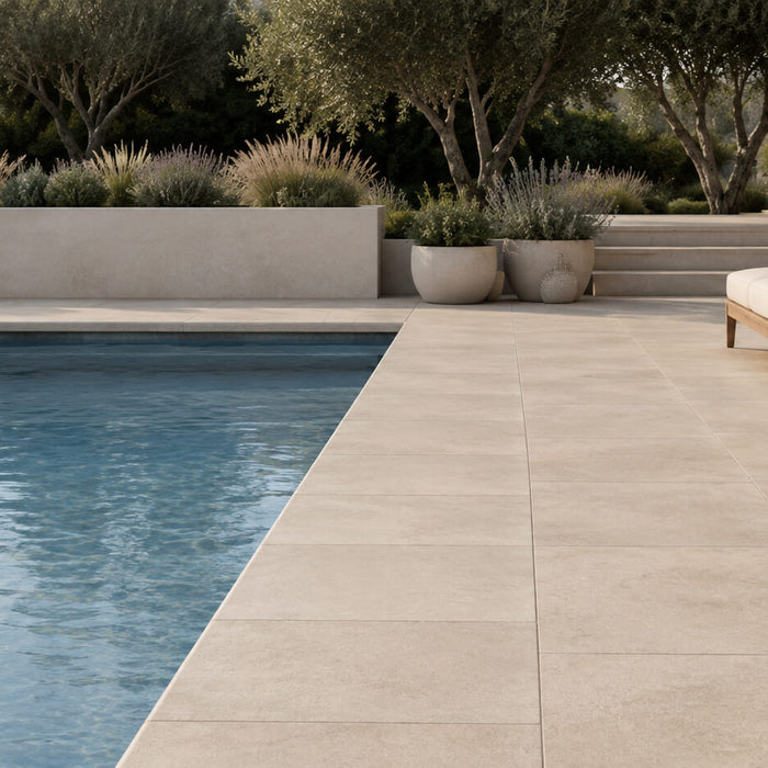 Minimalist pool edge design with light stone coping, large-format pavers, aligned joints, and modern landscaping