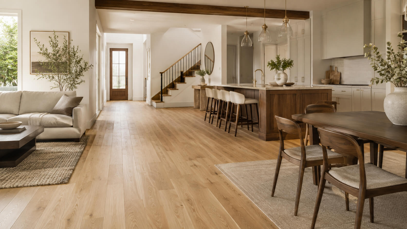 Open-plan home interior with light oak flooring, darker wood kitchen island and dining furniture showing how mixed hardwood tones can work together in one home.