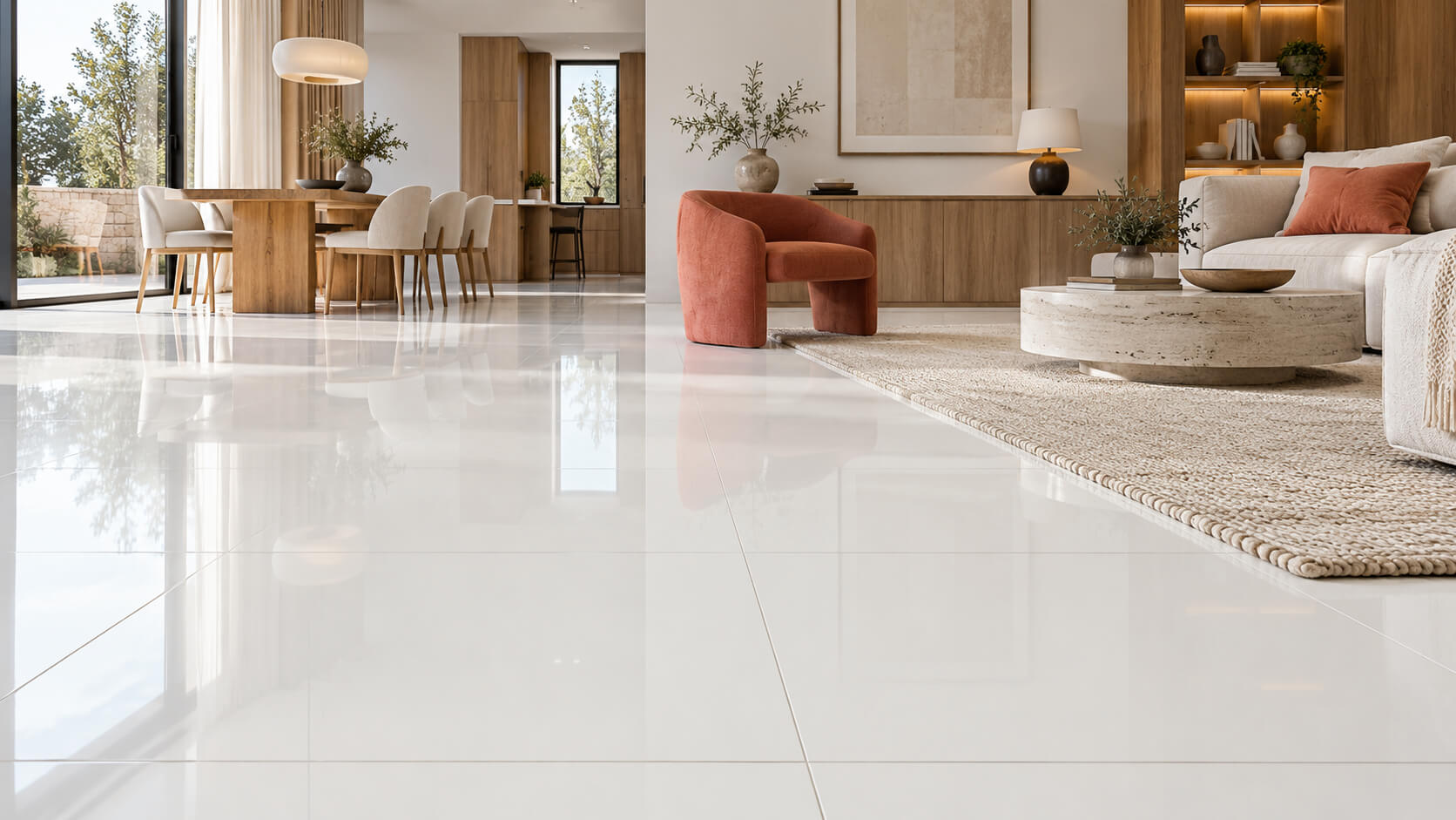 Polished white nanoglass tile flooring reflects daylight in a living room with oak cabinetry, neutral furniture, and coral accents.