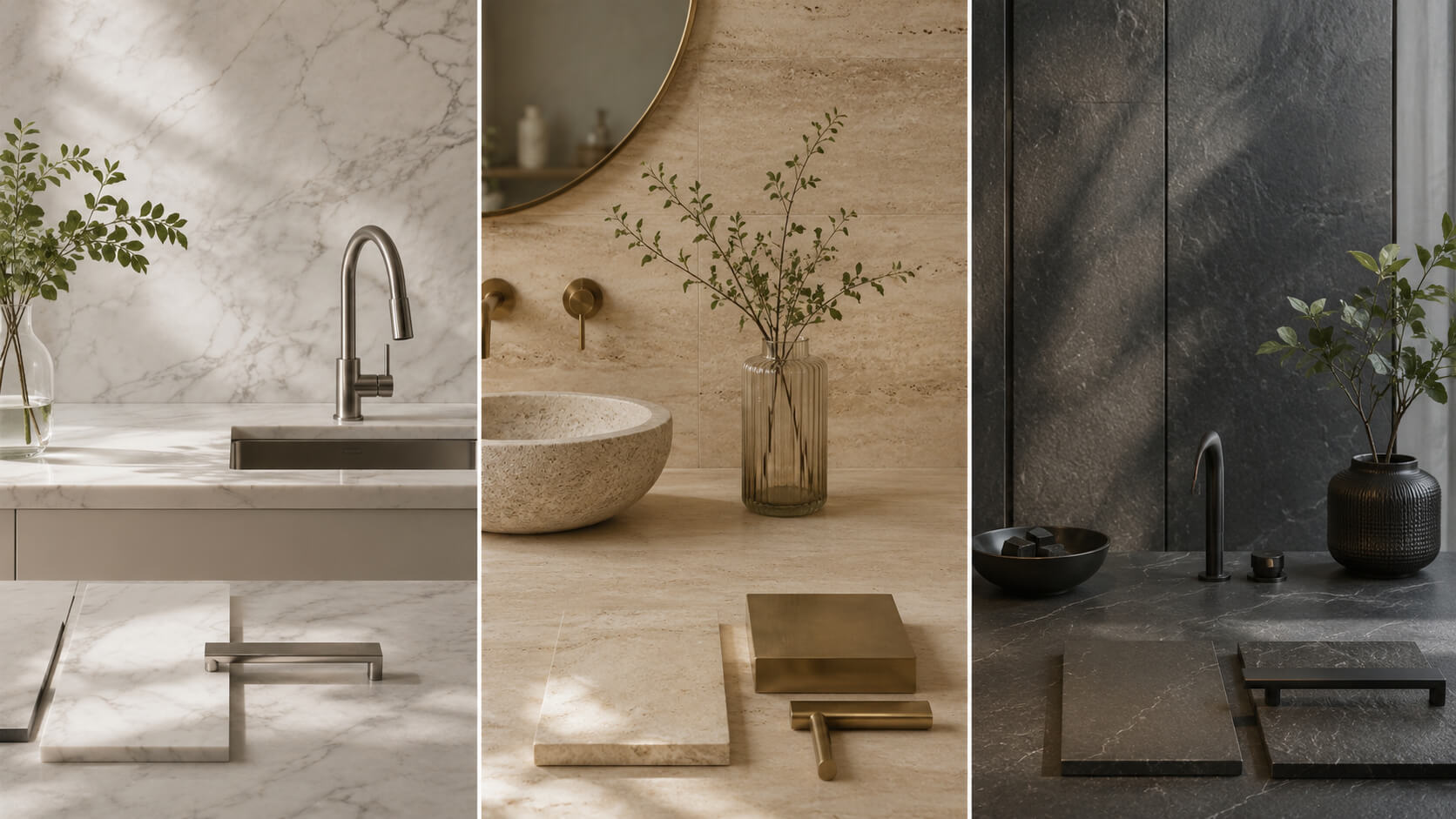 Natural stone and metal pairings featuring white marble with brushed nickel, beige travertine with brass, and dark stone with matte black fixtures