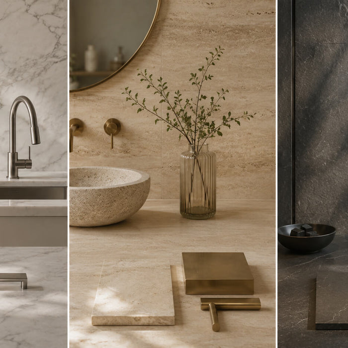 Natural stone and metal pairings featuring white marble with brushed nickel, beige travertine with brass, and dark stone with matte black fixtures