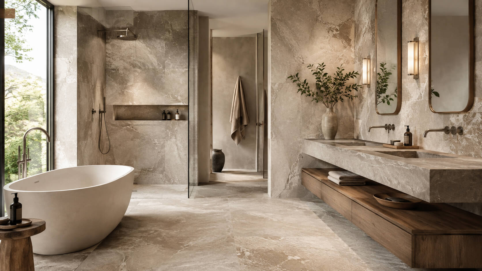 Luxury bathroom interior with natural stone walls and floors, a freestanding tub, walk-in shower, and stone vanity in a warm spa-like design.