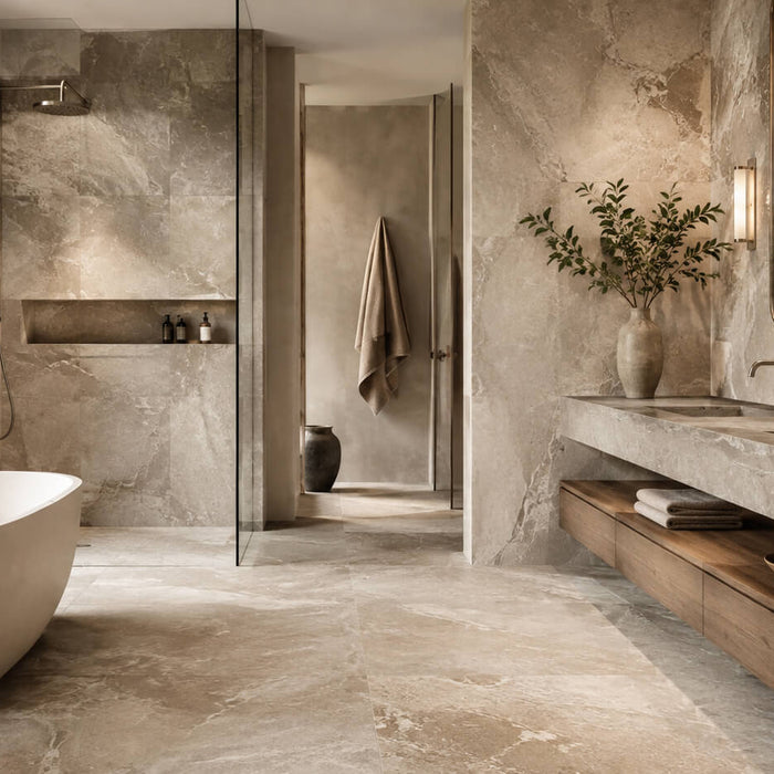 Luxury bathroom interior with natural stone walls and floors, a freestanding tub, walk-in shower, and stone vanity in a warm spa-like design.