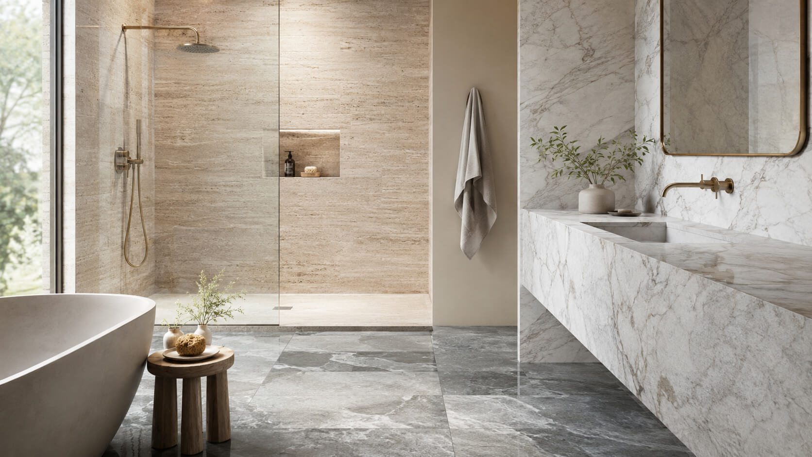 Luxury bathroom with natural stone surfaces including marble vanity, travertine shower walls, and slate-look floor, showing how different stone types can be used in bathroom spaces.