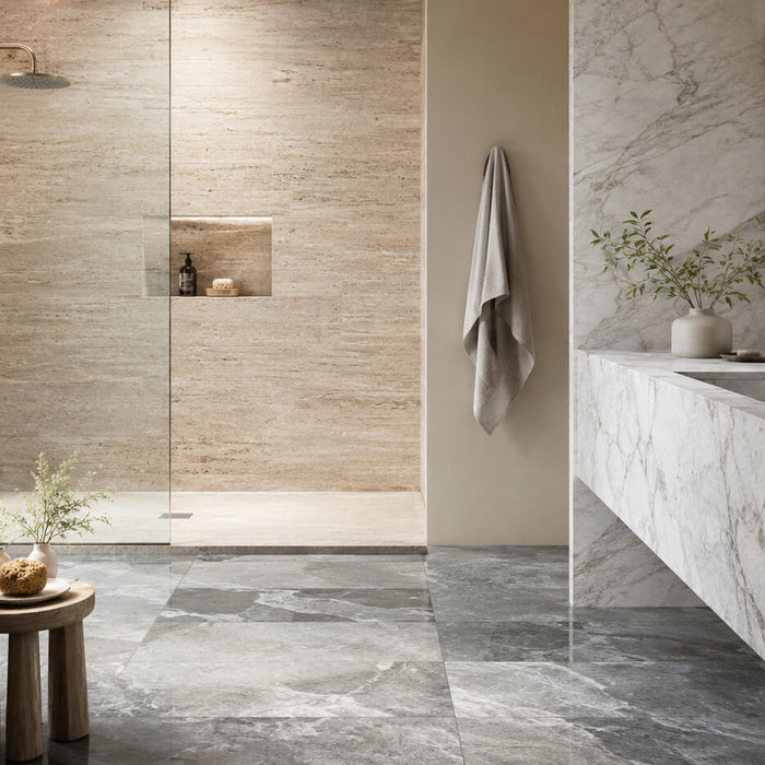 Luxury bathroom with natural stone surfaces including marble vanity, travertine shower walls, and slate-look floor, showing how different stone types can be used in bathroom spaces.