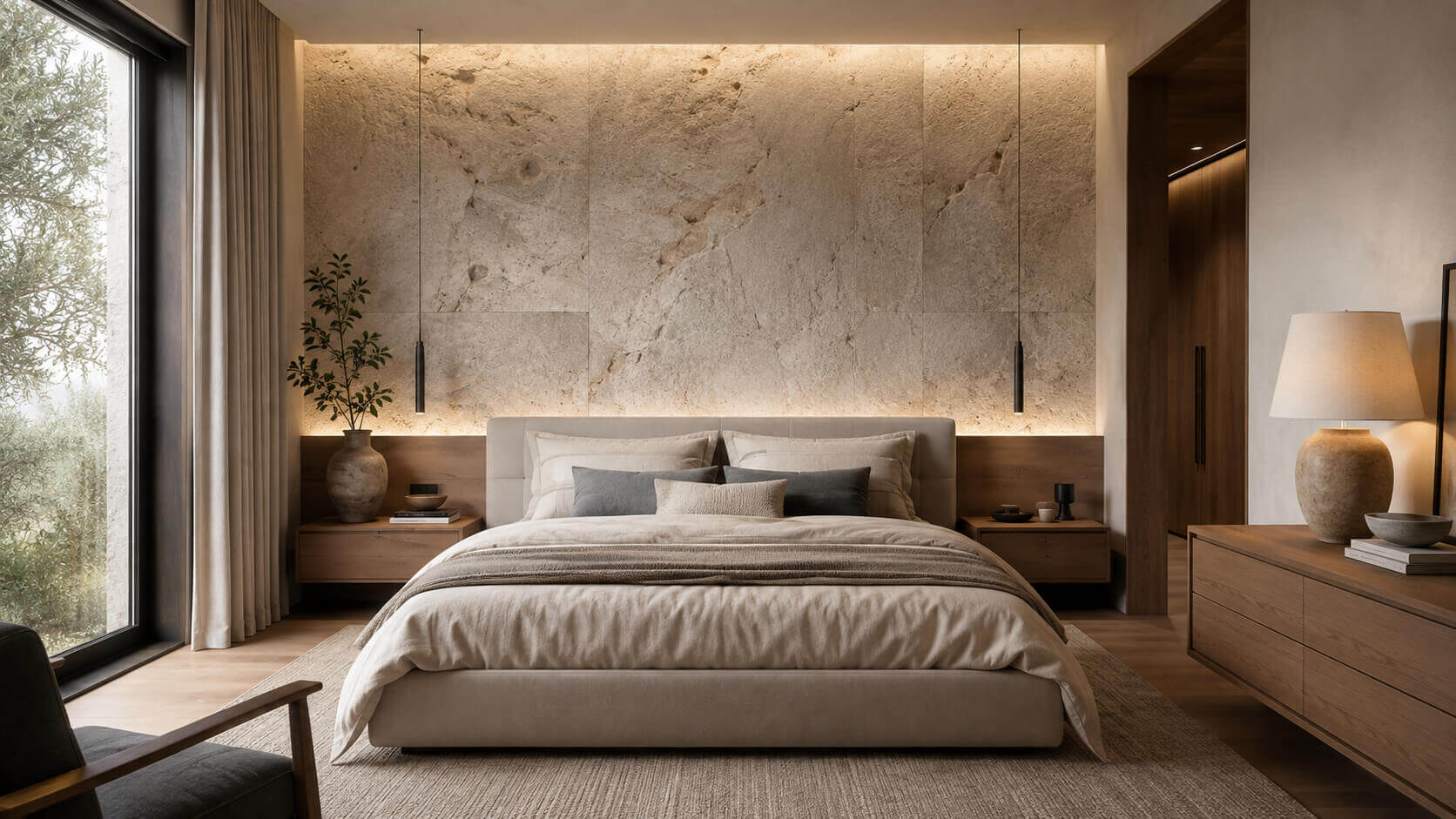 Calm modern bedroom with a natural stone headboard wall, warm lighting, wood furniture, and soft neutral textiles
