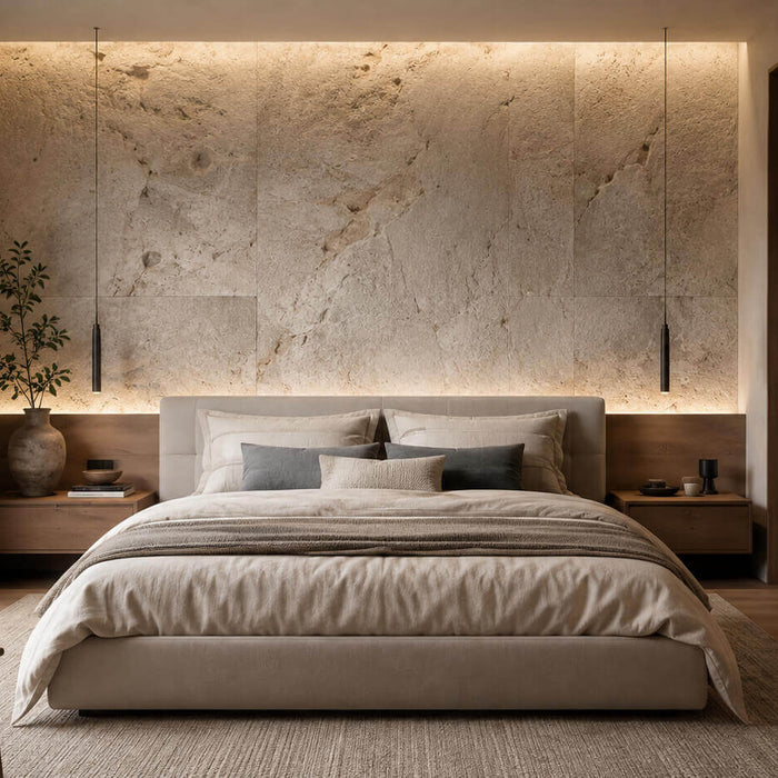 Calm modern bedroom with a natural stone headboard wall, warm lighting, wood furniture, and soft neutral textiles