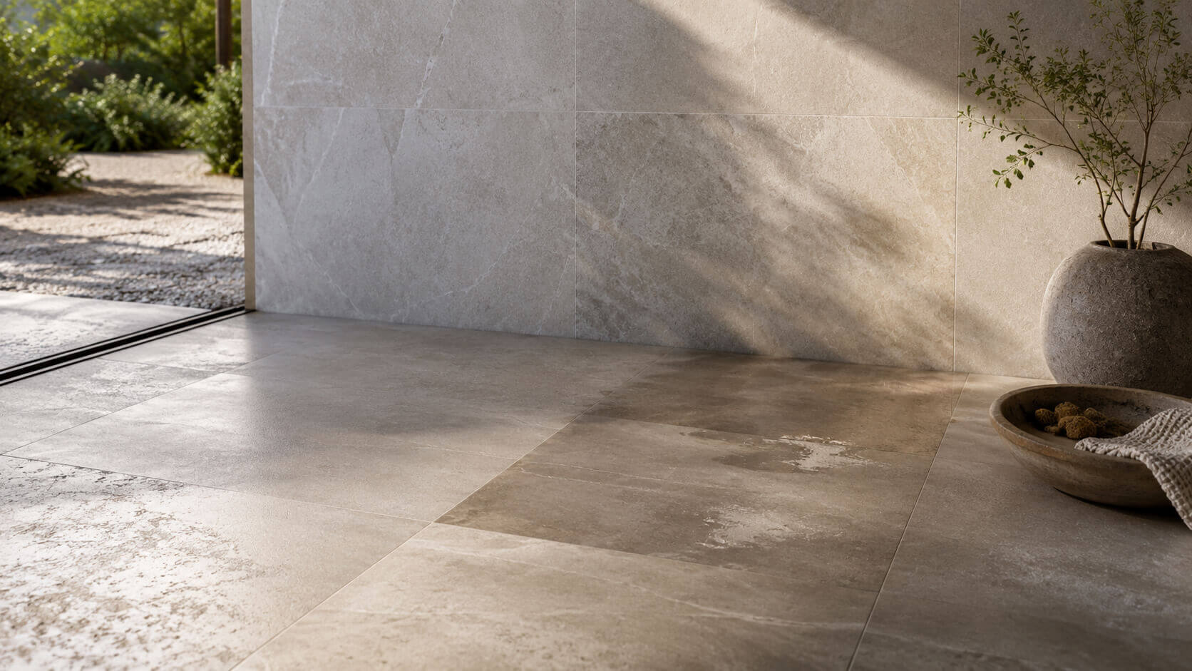 Natural stone floor showing subtle color changes from sunlight, moisture, and everyday exposure
