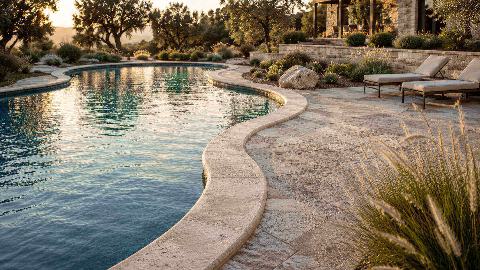 Freeform swimming pool with curved natural stone coping and coordinated stone pool deck