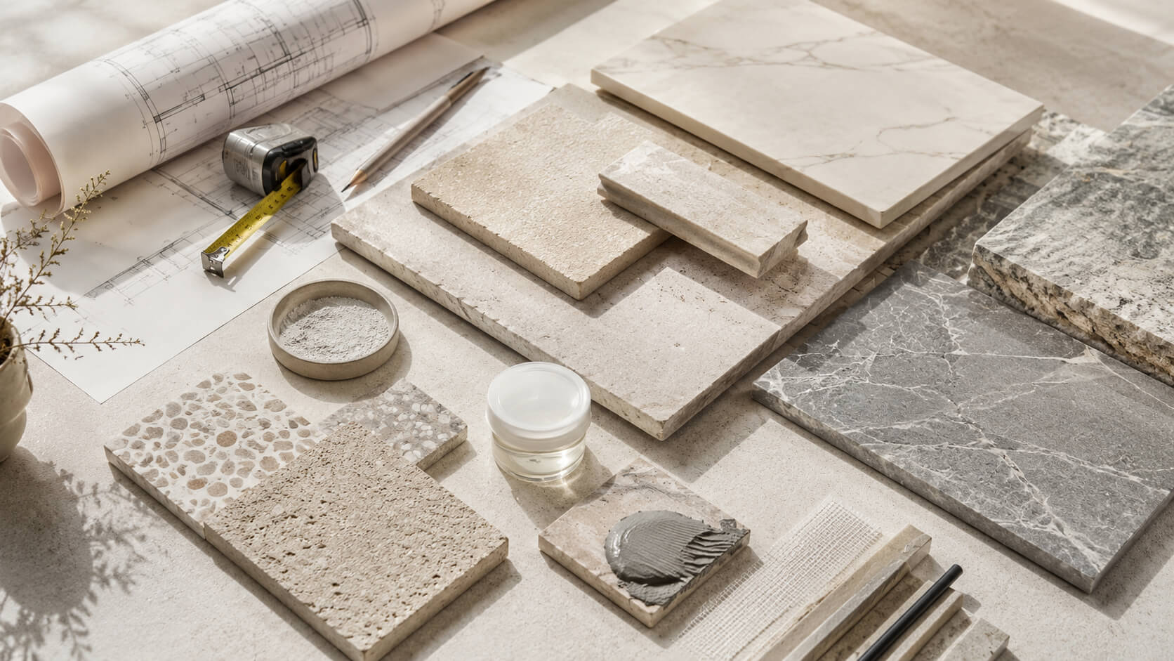 Natural stone samples with architectural plans, measuring tools, mortar, sealer, and installation materials illustrating additional project costs.