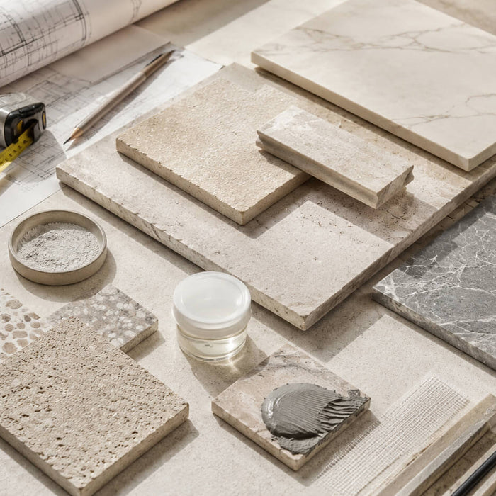 Natural stone samples with architectural plans, measuring tools, mortar, sealer, and installation materials illustrating additional project costs.