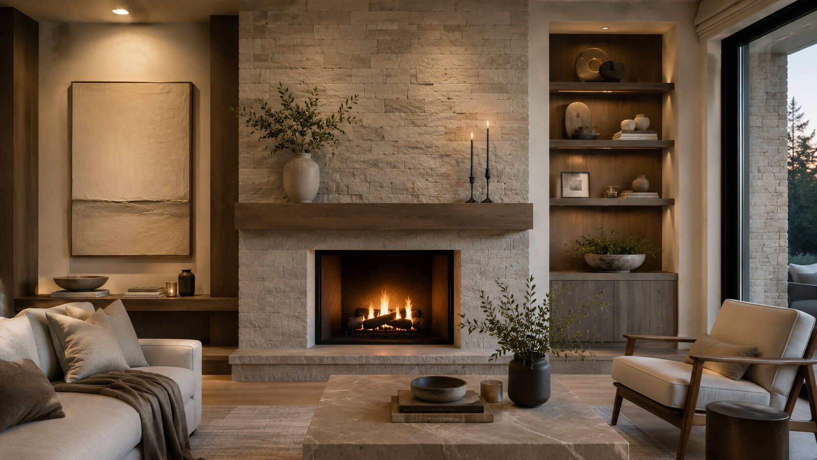 Warm modern living room with a natural stone fireplace wall, wood mantel, built-in shelving, and neutral furniture.