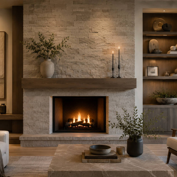 Warm modern living room with a natural stone fireplace wall, wood mantel, built-in shelving, and neutral furniture.