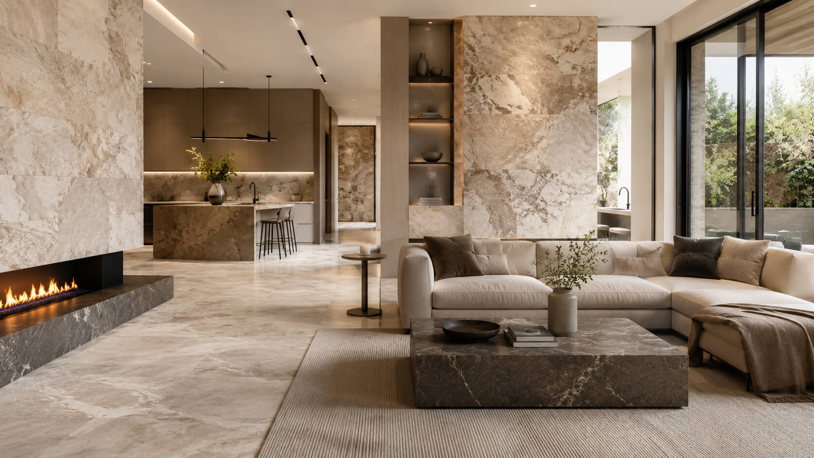 Luxury interior featuring natural stone flooring, walls, fireplace, and kitchen surfaces