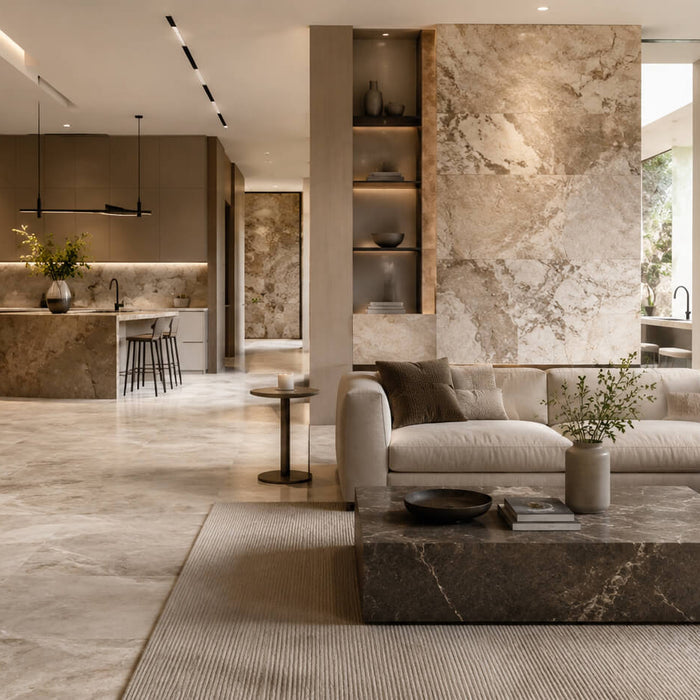 Luxury interior featuring natural stone flooring, walls, fireplace, and kitchen surfaces