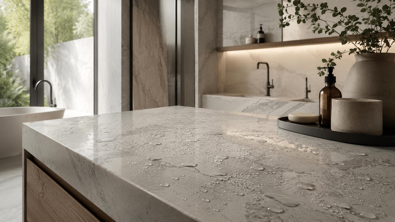 Modern spa-style bathroom with water droplets on a natural stone countertop, illustrating natural stone sealing and surface protection