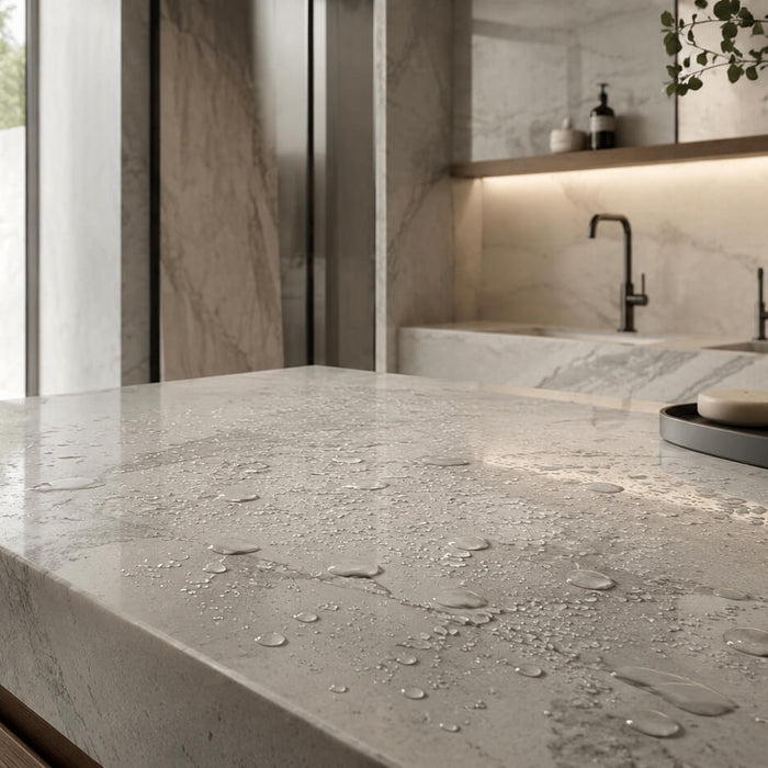 Modern spa-style bathroom with water droplets on a natural stone countertop, illustrating natural stone sealing and surface protection