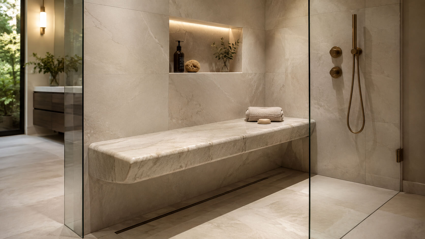 Luxury walk-in shower with a natural stone slab bench, frameless glass, warm lighting, and brass fixtures
