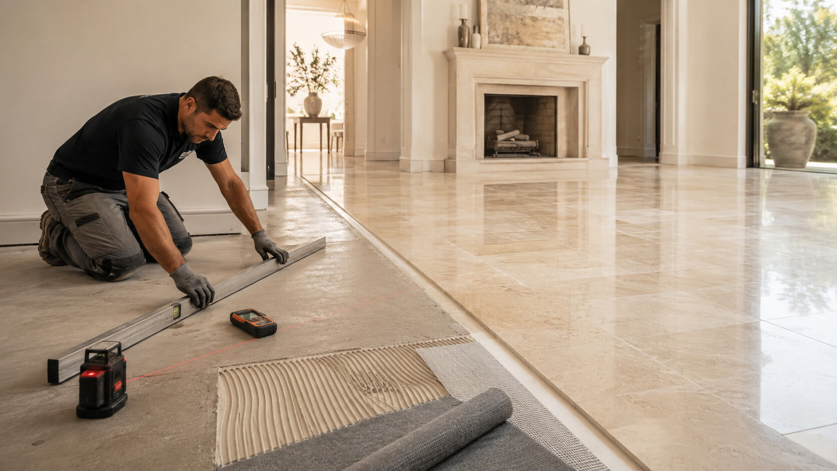 Installer checking and preparing a subfloor before natural stone tile installation in a luxury interior