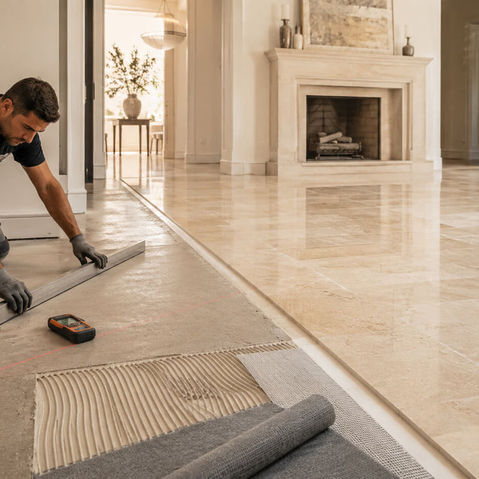 Installer checking and preparing a subfloor before natural stone tile installation in a luxury interior