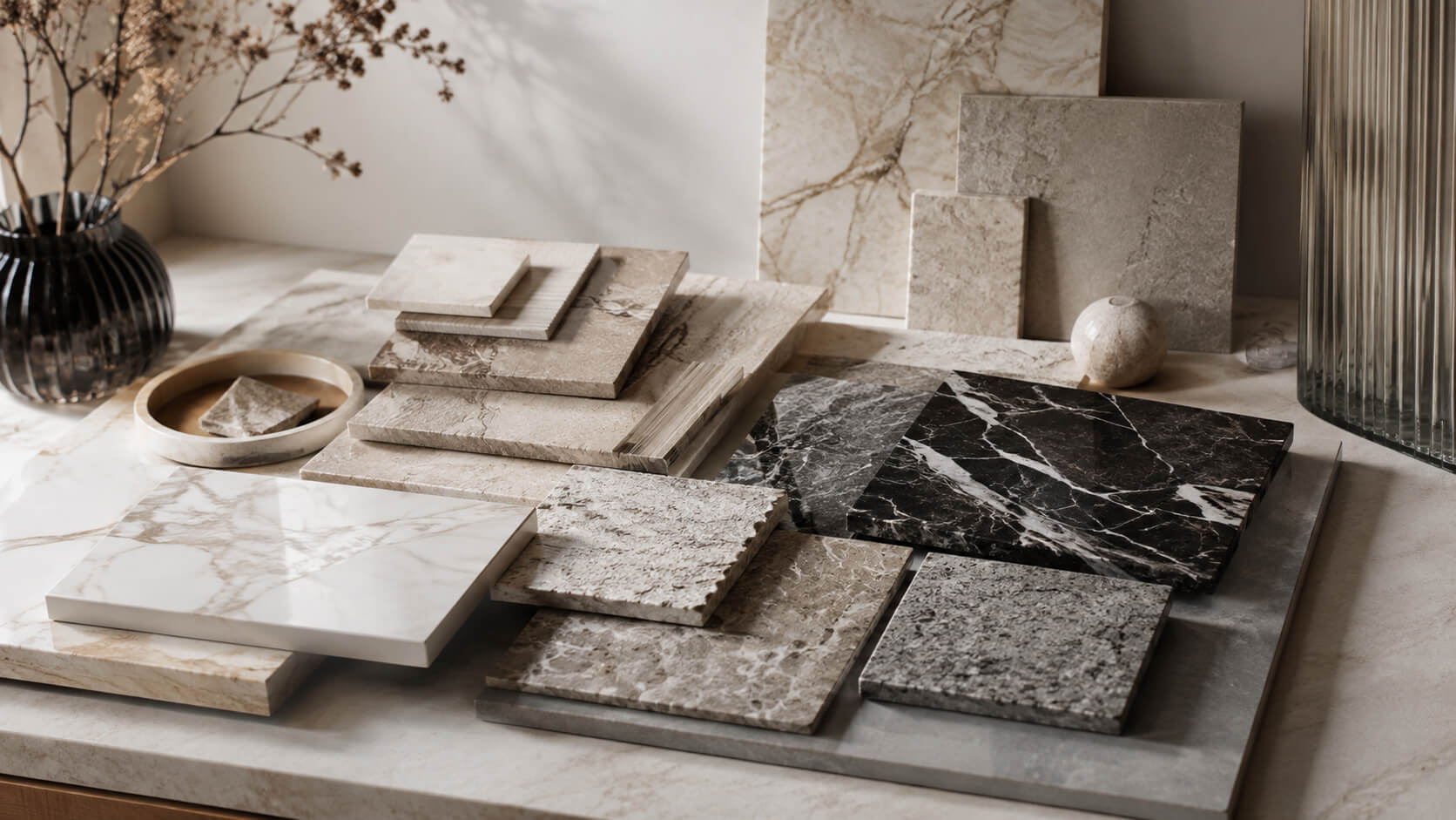 Natural stone tile samples with polished, honed, textured, and marble finishes arranged in a warm, elegant interior setting