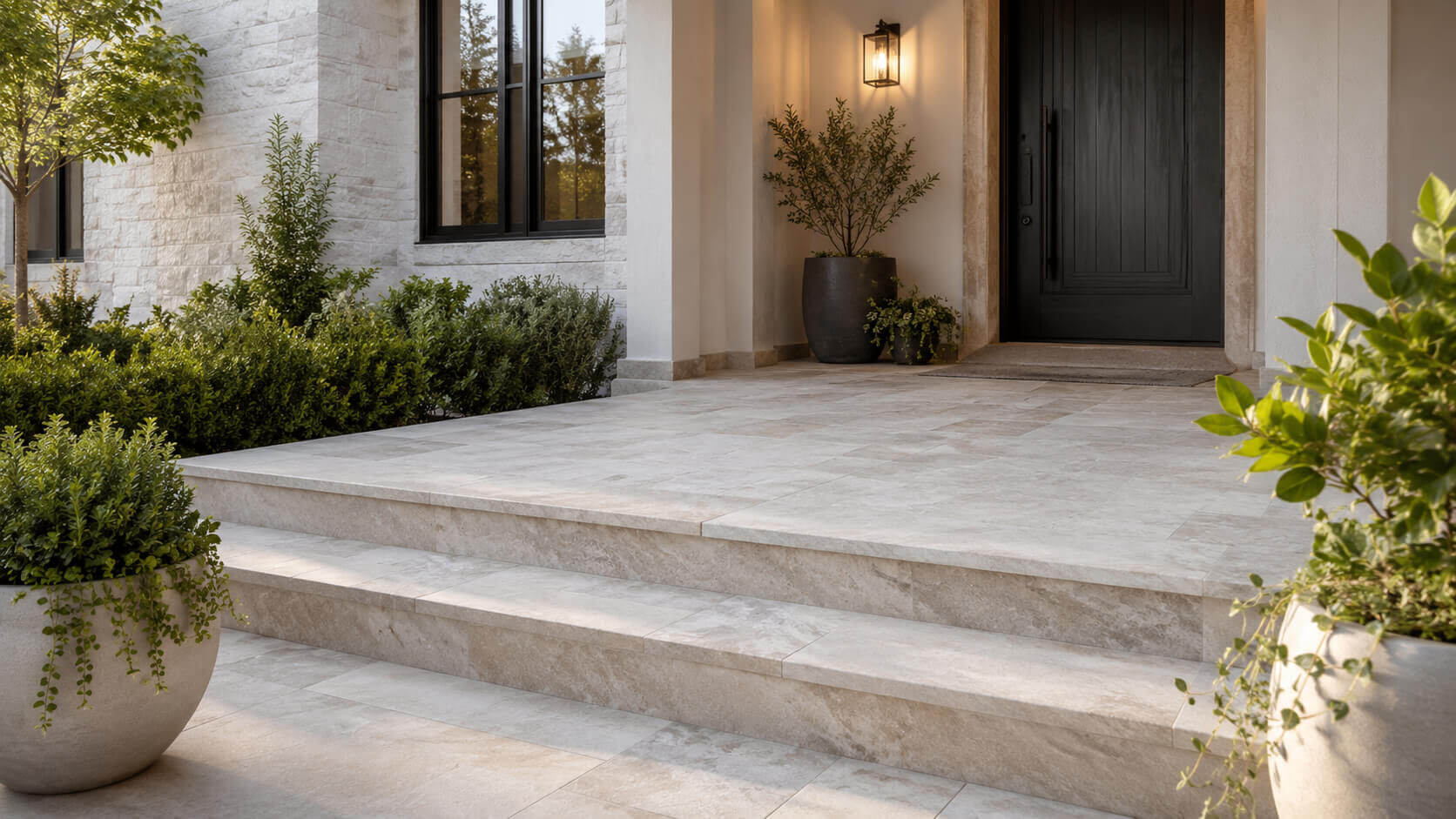 Elegant front porch with light natural stone tile, stone steps, modern dark front door, and landscaped exterior