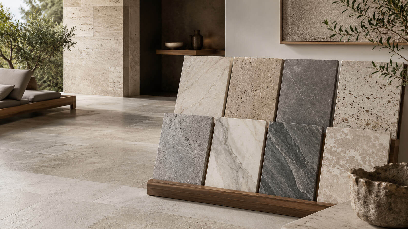 Natural stone samples showing variations in color, veining, texture, and surface character