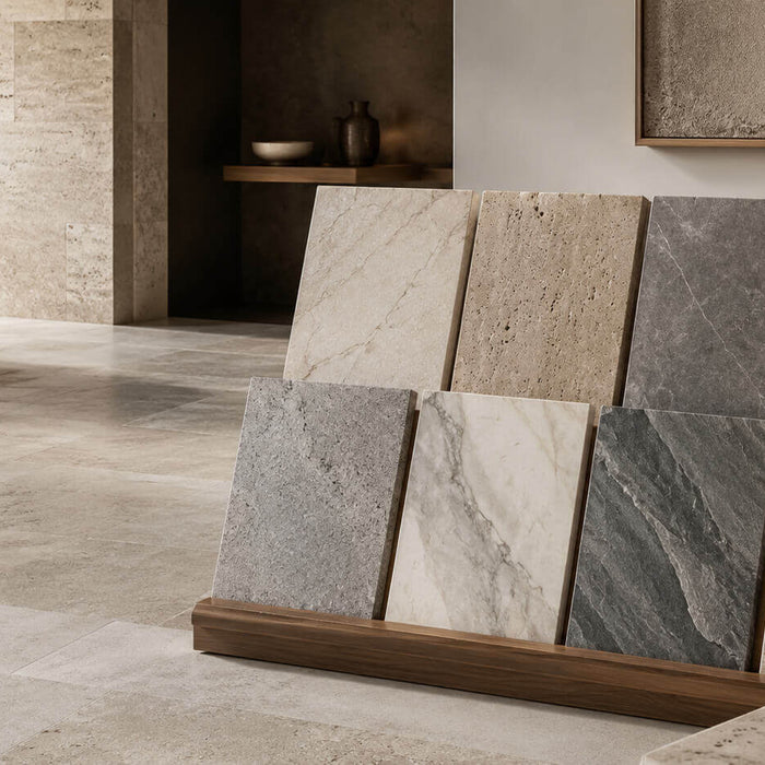 Natural stone samples showing variations in color, veining, texture, and surface character