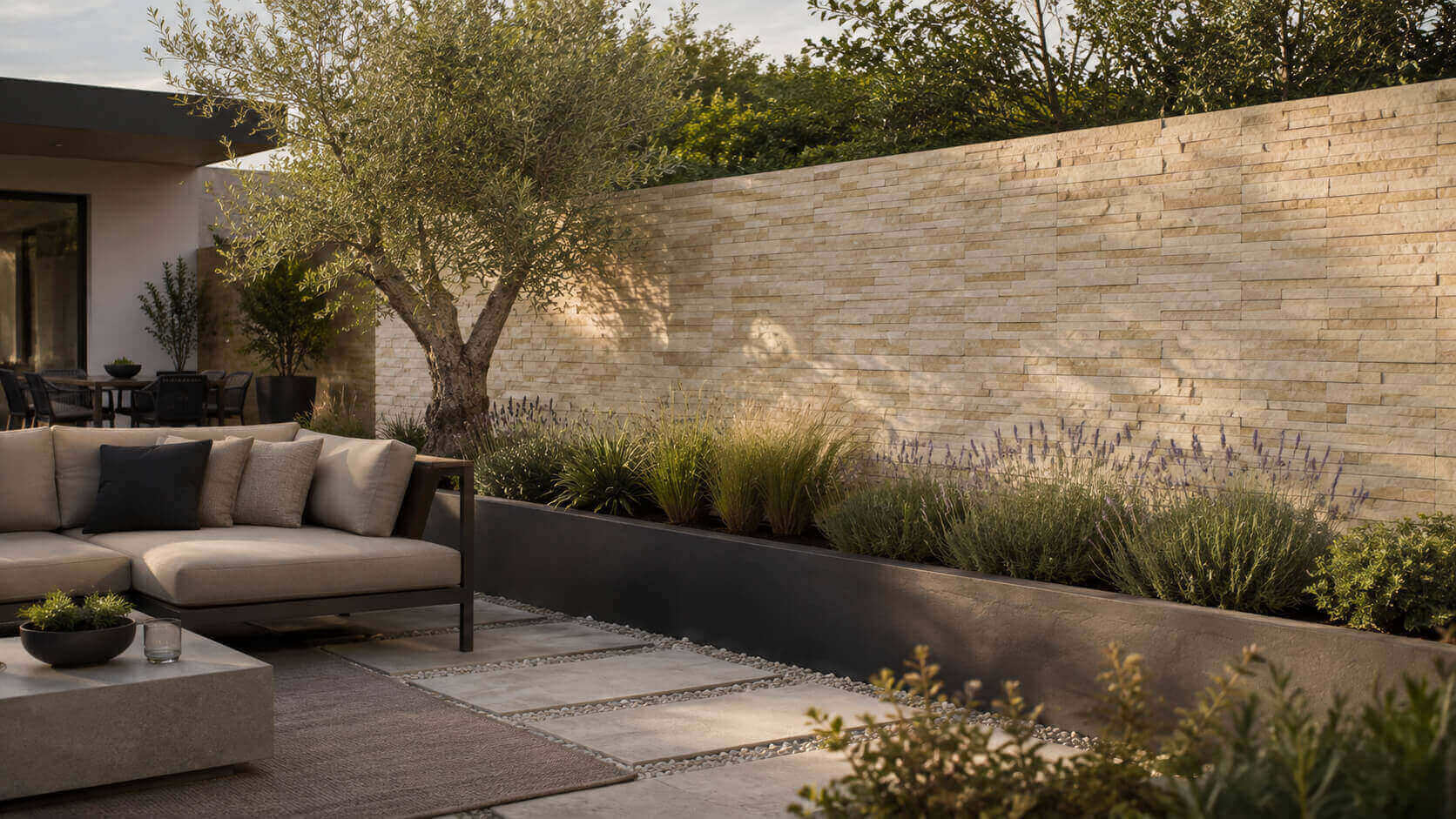Modern garden patio with a light natural stone veneer wall, olive tree, layered planting, and neutral outdoor seating.