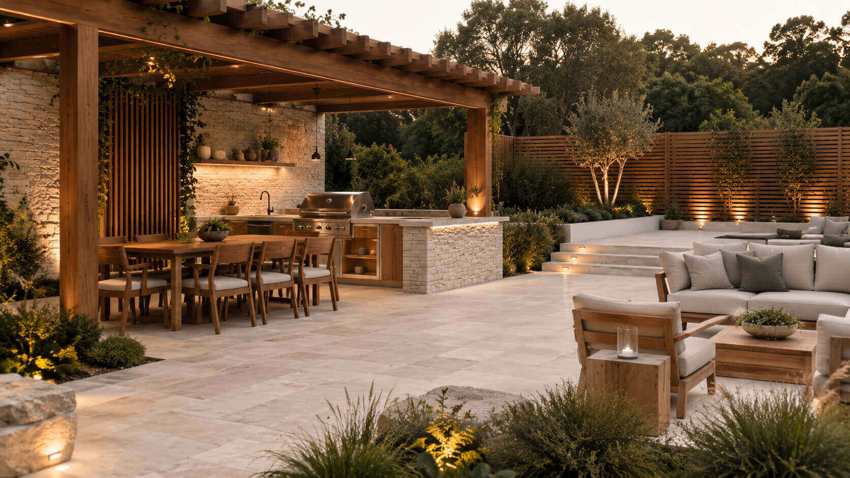 Luxury outdoor living area combining natural stone pavers, stone cladding, warm wood pergola and outdoor furniture