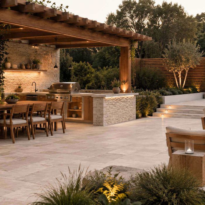 Luxury outdoor living area combining natural stone pavers, stone cladding, warm wood pergola and outdoor furniture