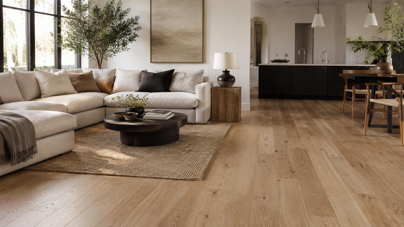 Light oak hardwood flooring in a bright open-plan living room with a modern sofa, neutral decor, and a connected kitchen area.