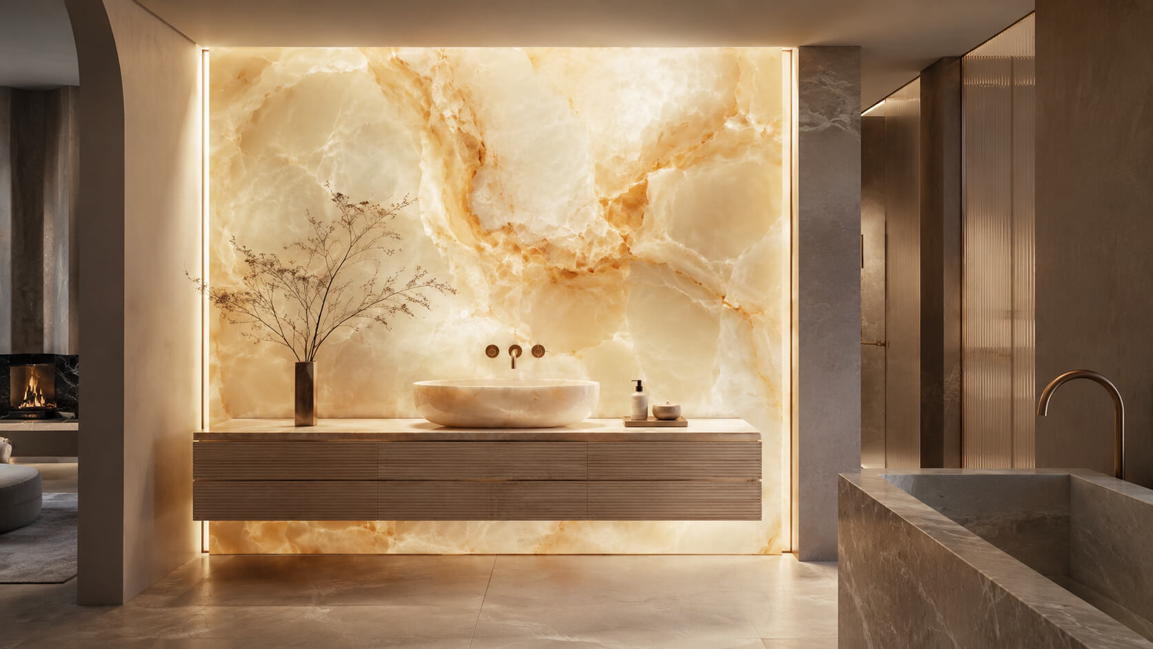 Luxury bathroom interior with a backlit onyx stone feature wall, floating vanity, vessel sink, and warm ambient lighting