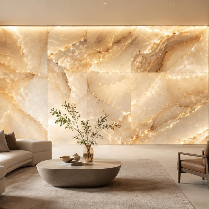 Luxury living room featuring a glowing onyx tile accent wall with warm natural veining and modern neutral decor.