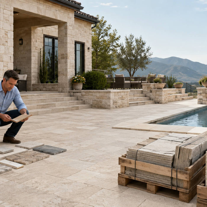 Contractor reviewing natural stone samples beside a pool patio with matching pavers, coping, steps, and wall cladding