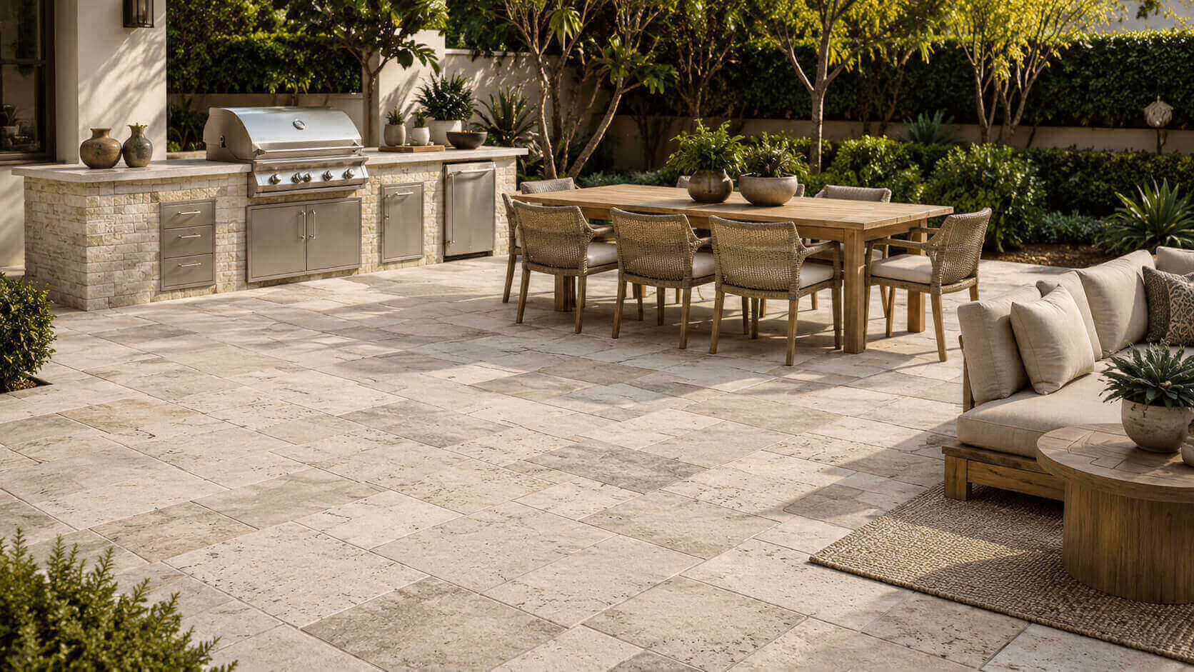 Outdoor kitchen with natural stone pavers, built-in grill, dining area, and landscaped patio