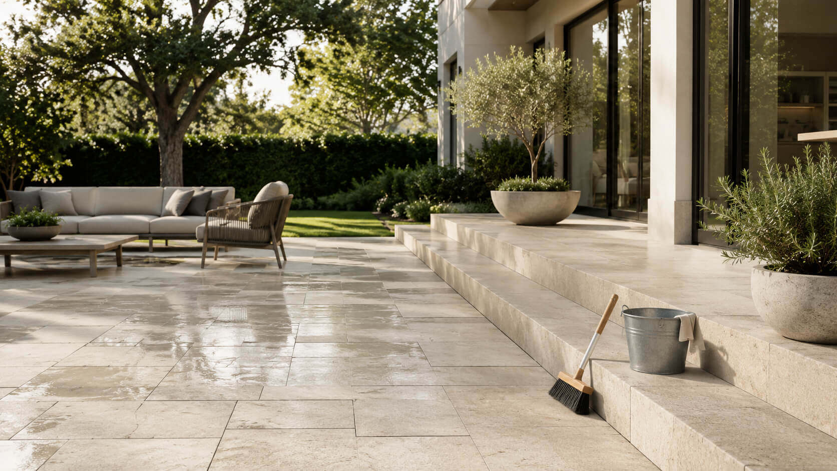Luxury outdoor natural stone patio with light beige stone tiles, exterior steps, greenery, broom and cleaning bucket