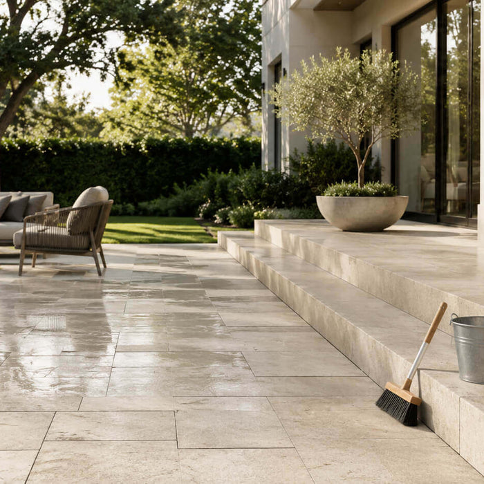 Luxury outdoor natural stone patio with light beige stone tiles, exterior steps, greenery, broom and cleaning bucket
