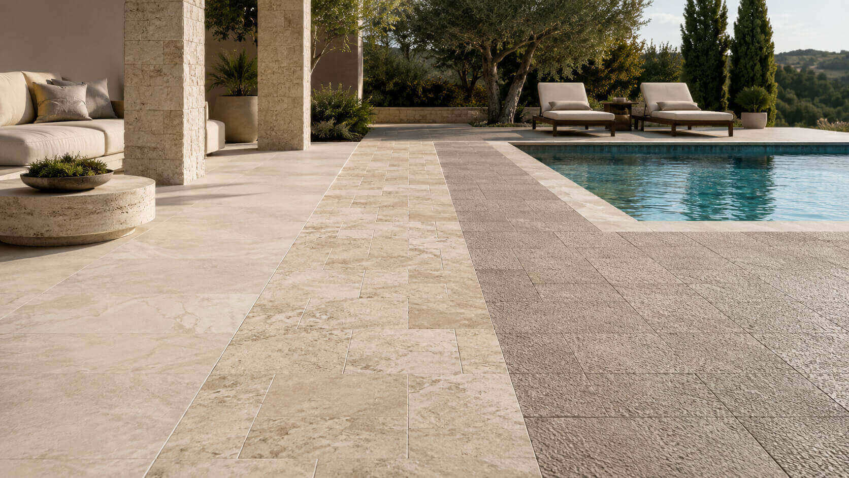 Outdoor patio and pool deck showing different tile surface textures for exterior spaces
