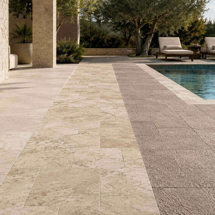 Outdoor patio and pool deck showing different tile surface textures for exterior spaces