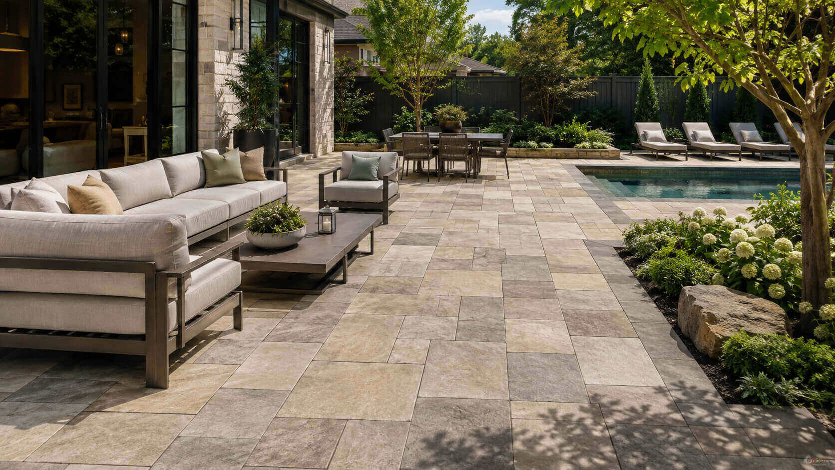 Modern backyard patio with neutral beige and gray pavers, outdoor seating, dining area, landscaping, and pool