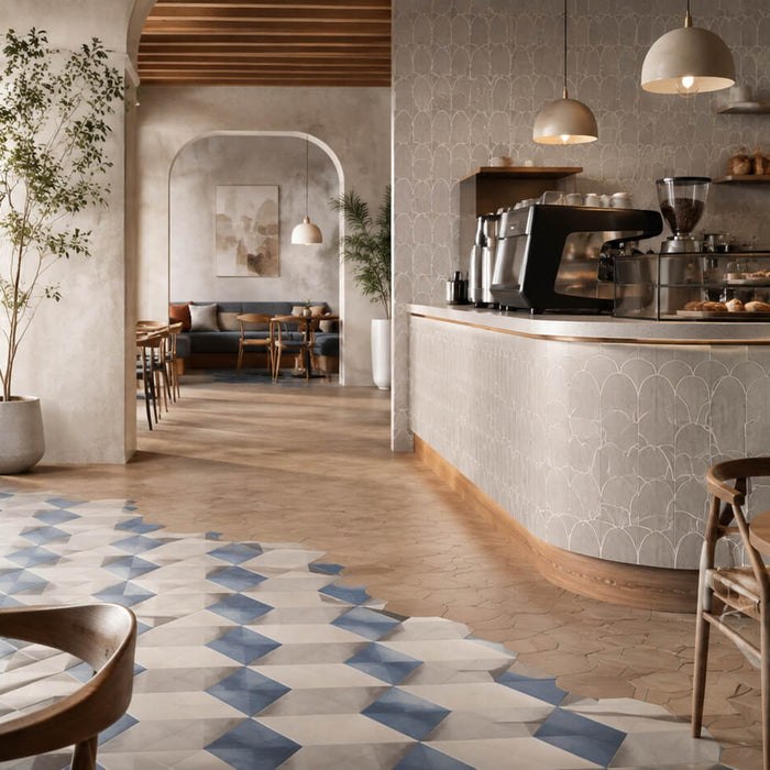 Modern cafe interior with patterned tile flooring, tiled counter front, warm wood furniture, and neutral finishes