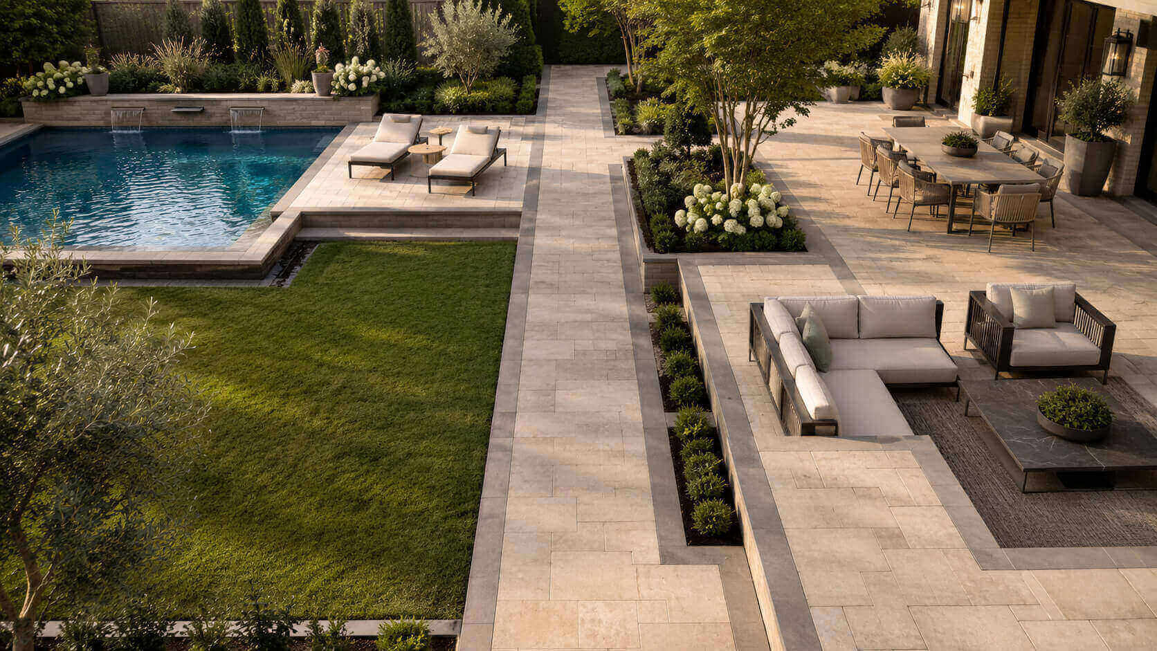 Modern backyard with paver borders defining the patio, pool deck, lawn, and walkways