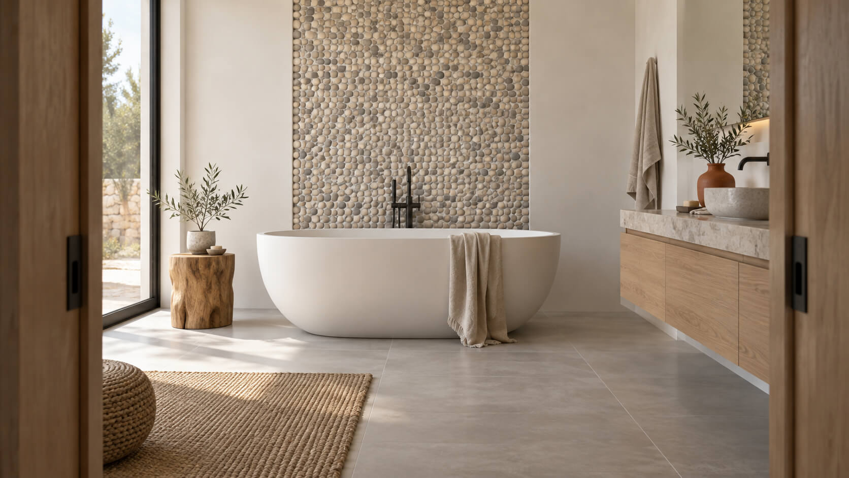 Spa-inspired bathroom with a pebble tile accent wall behind a freestanding bathtub, an oak vanity, and soft natural light.