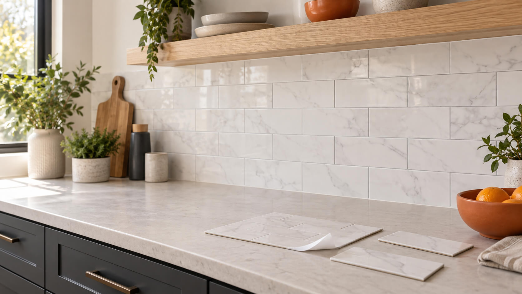 Marble-look peel and stick backsplash in a modern kitchen with charcoal cabinets, oak shelving and tile samples.