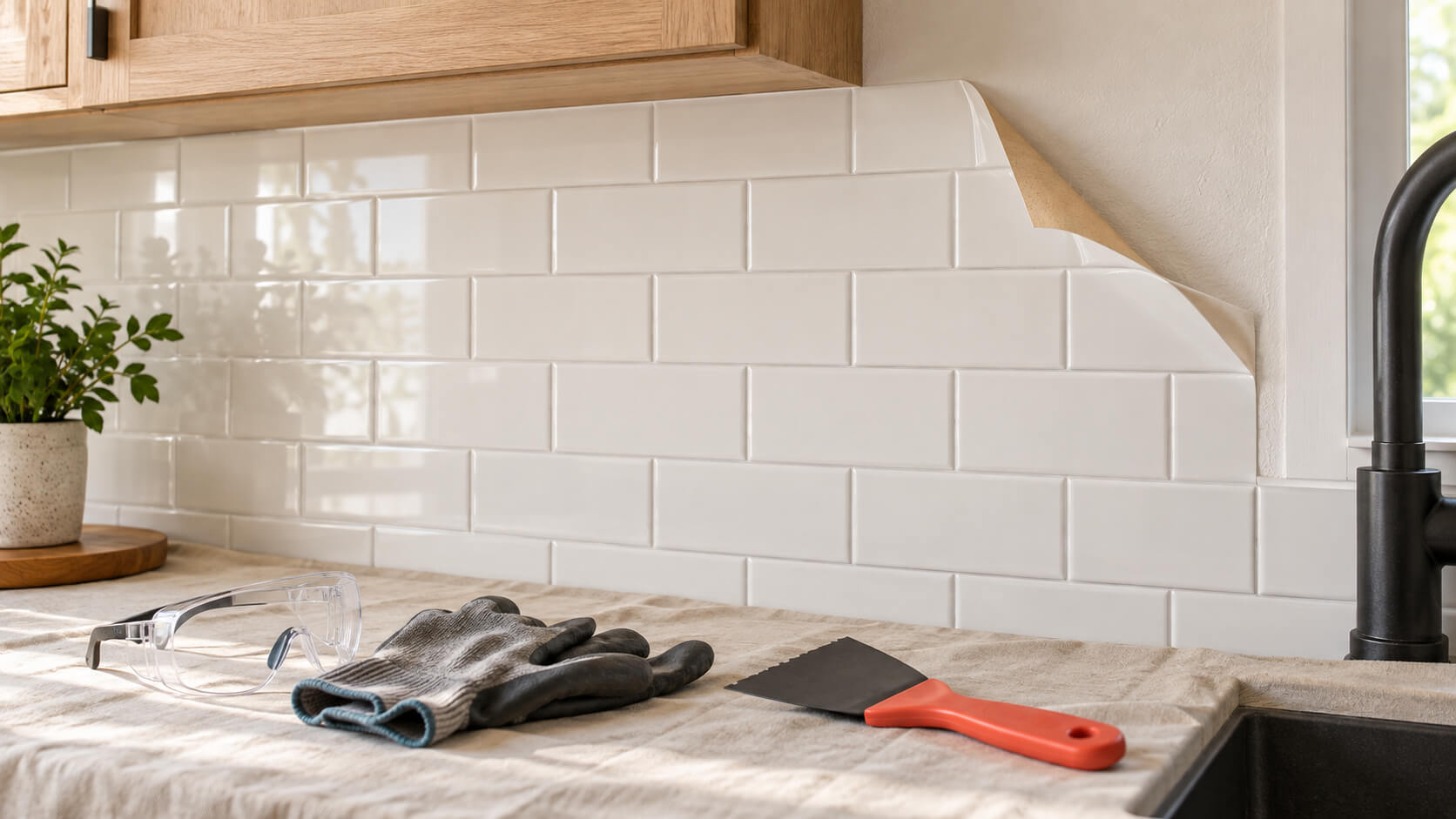 White peel and stick kitchen backsplash with a lifted corner, scraper, protective gloves, and safety glasses on the counter.