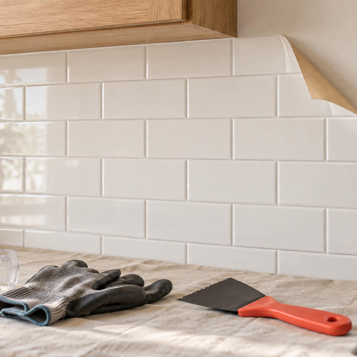 White peel and stick kitchen backsplash with a lifted corner, scraper, protective gloves, and safety glasses on the counter.