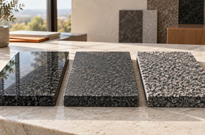 Polished, honed and flamed gray granite samples displayed side by side on a stone table in natural light.